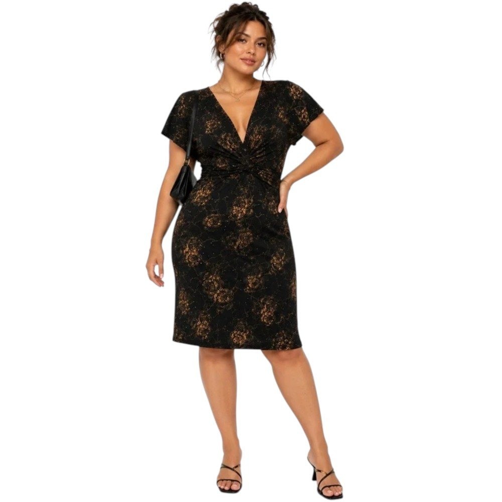 Studio 1940 Women's Dress Floral Sequin Midi Black Bronze Twist Front 20